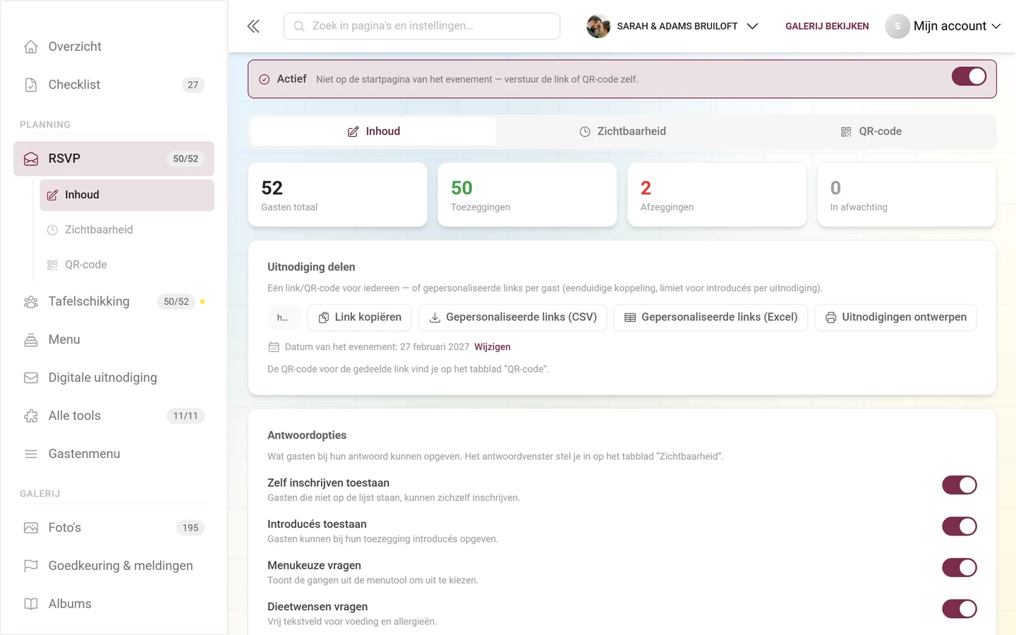 Onderdeel Uitnodiging delen met link kopiëren en de CSV- en Excel-downloads