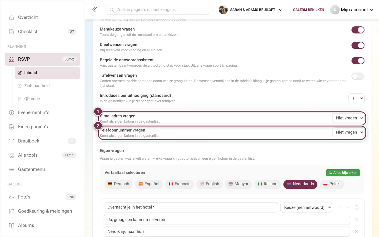 De twee contactvragen voor e-mailadres en telefoonnummer