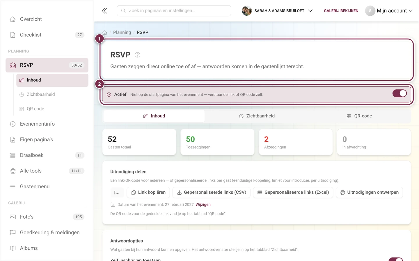 Kopregel van de RSVP-editor met titel en de actief-balk