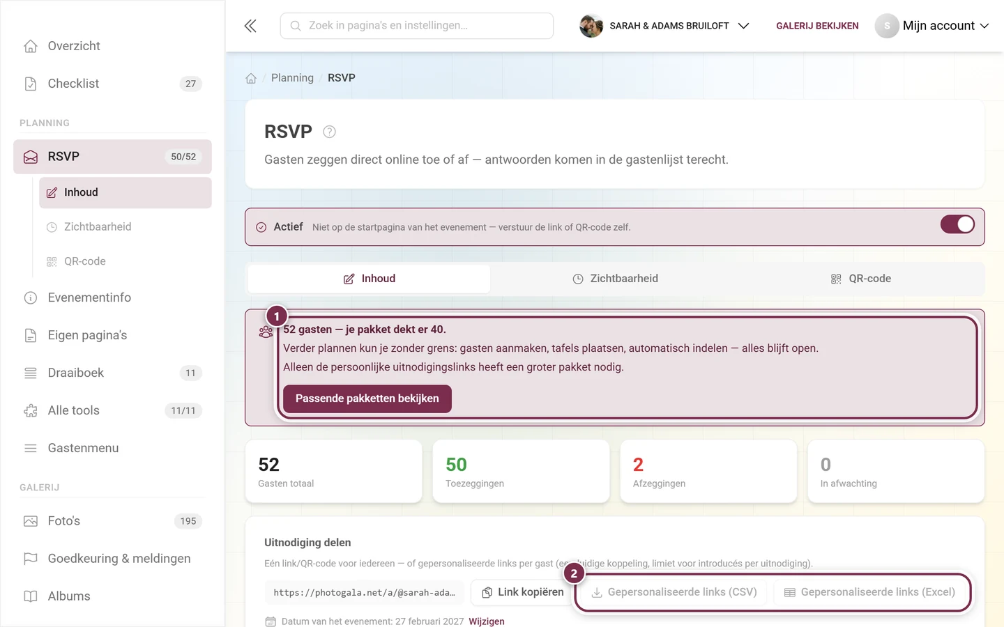 Limietvak boven de editor en de grijze knoppen voor de gepersonaliseerde links