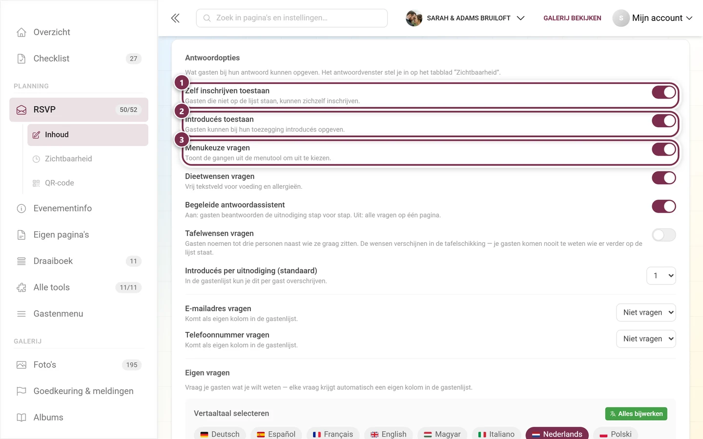 De eerste drie antwoordopties: zelf inschrijven, introducés en menukeuze