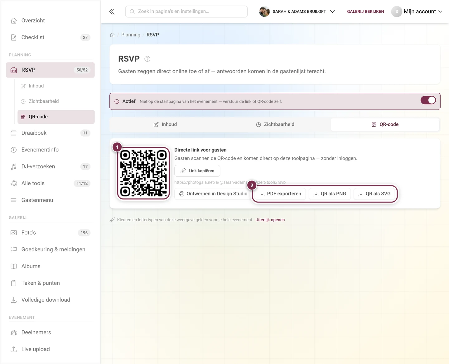 Tabblad QR-code met de code, de directe link en de drie bestandsknoppen