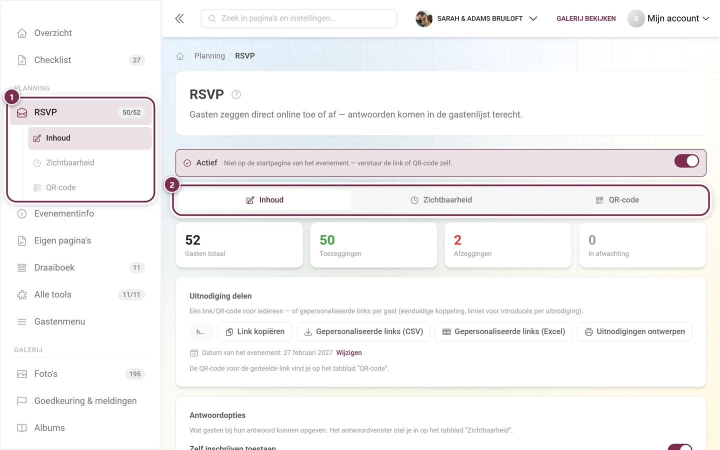 Zijbalk met het gemarkeerde RSVP-item onder Planning en de tabbladbalk van de editor