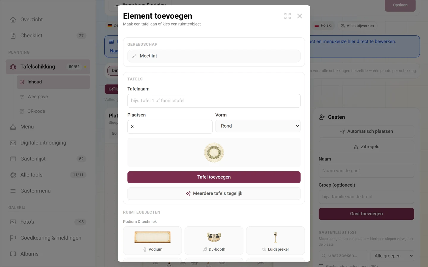 Dialoogvenster Element toevoegen met tafelformulier en de ruimteobjecten
