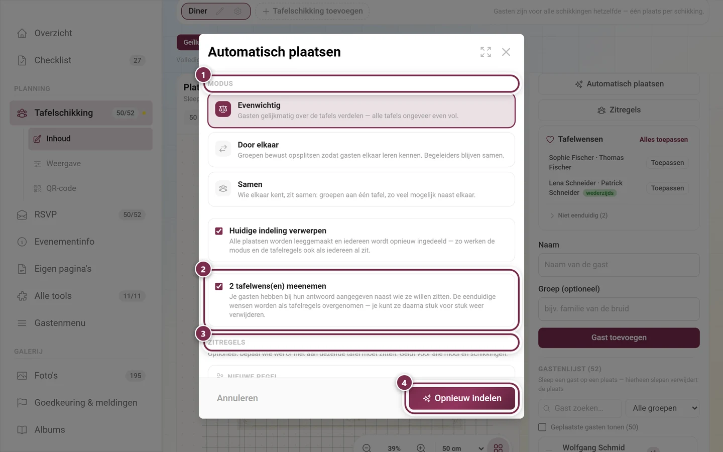 Dialoogvenster Automatisch plaatsen met gemarkeerd moduskeuze, de wensoptie, het onderdeel Zitregels en de uitgeschakelde knop Iedereen heeft al een plaats