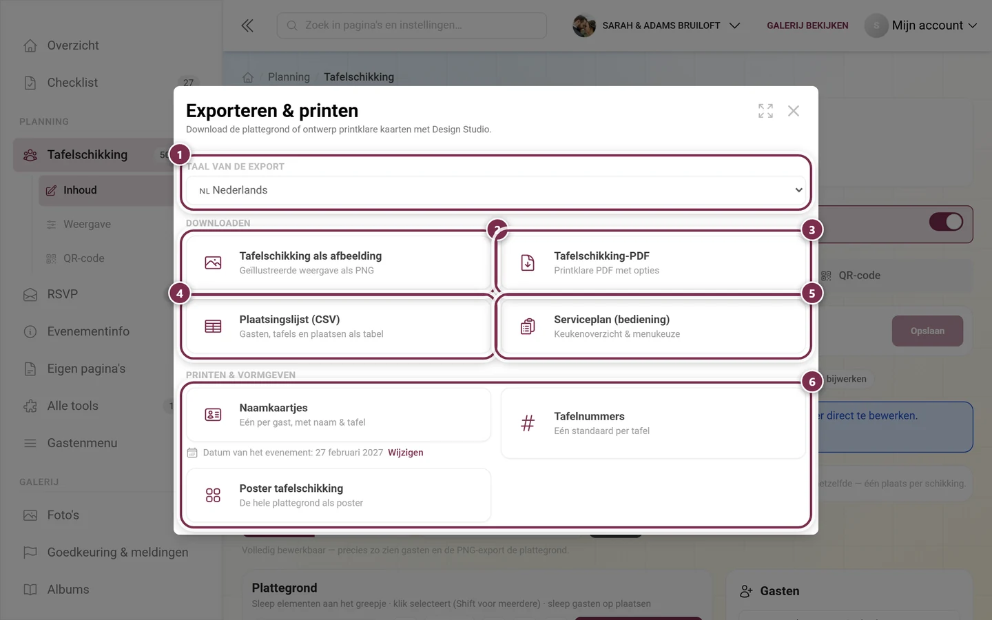 Dialoogvenster Exporteren en printen met gemarkeerde taalkeuze, de vier downloadkaarten en het gedeelte Printen & vormgeven