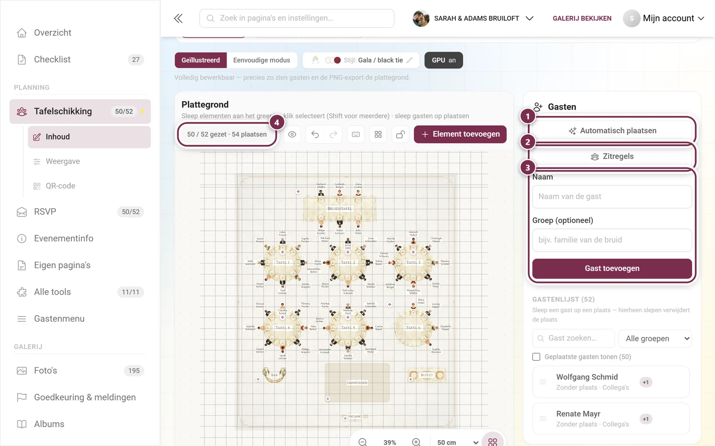 Gastenpaneel met de gemarkeerde knoppen Automatisch plaatsen en Zitregels, het formulier voor nieuwe gasten en de voortgangschip boven de plattegrond