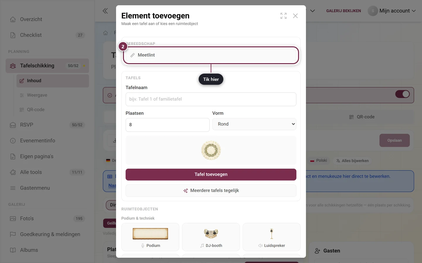 Dialoogvenster Element toevoegen met in rood gemarkeerde knop Meetlint in de sectie Gereedschap