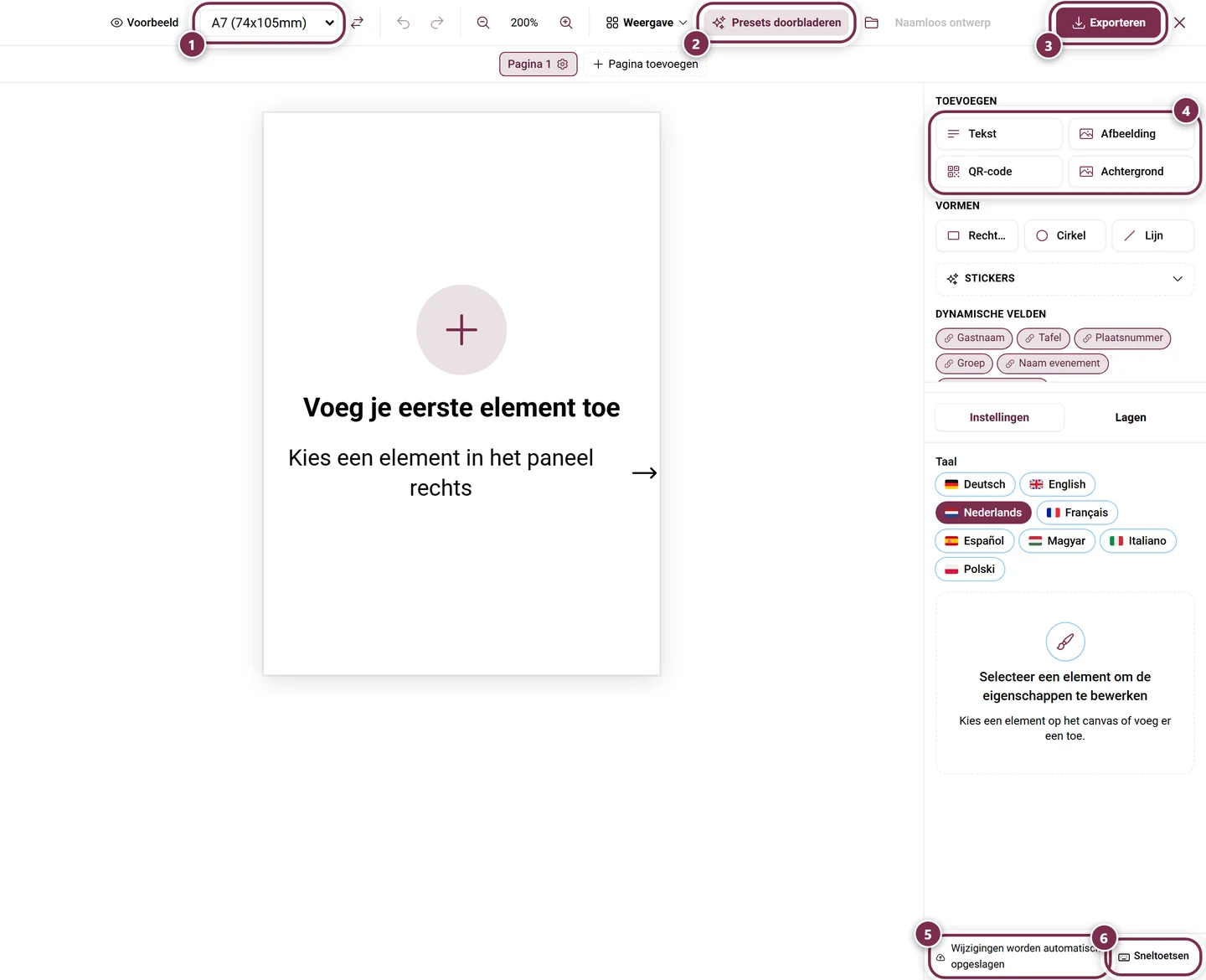 Design Studio met leeg naamkaartje, gemarkeerd papierformaat, knop Presets doorbladeren, knop Exporteren, elementenpaneel, opslaghint en knop Sneltoetsen