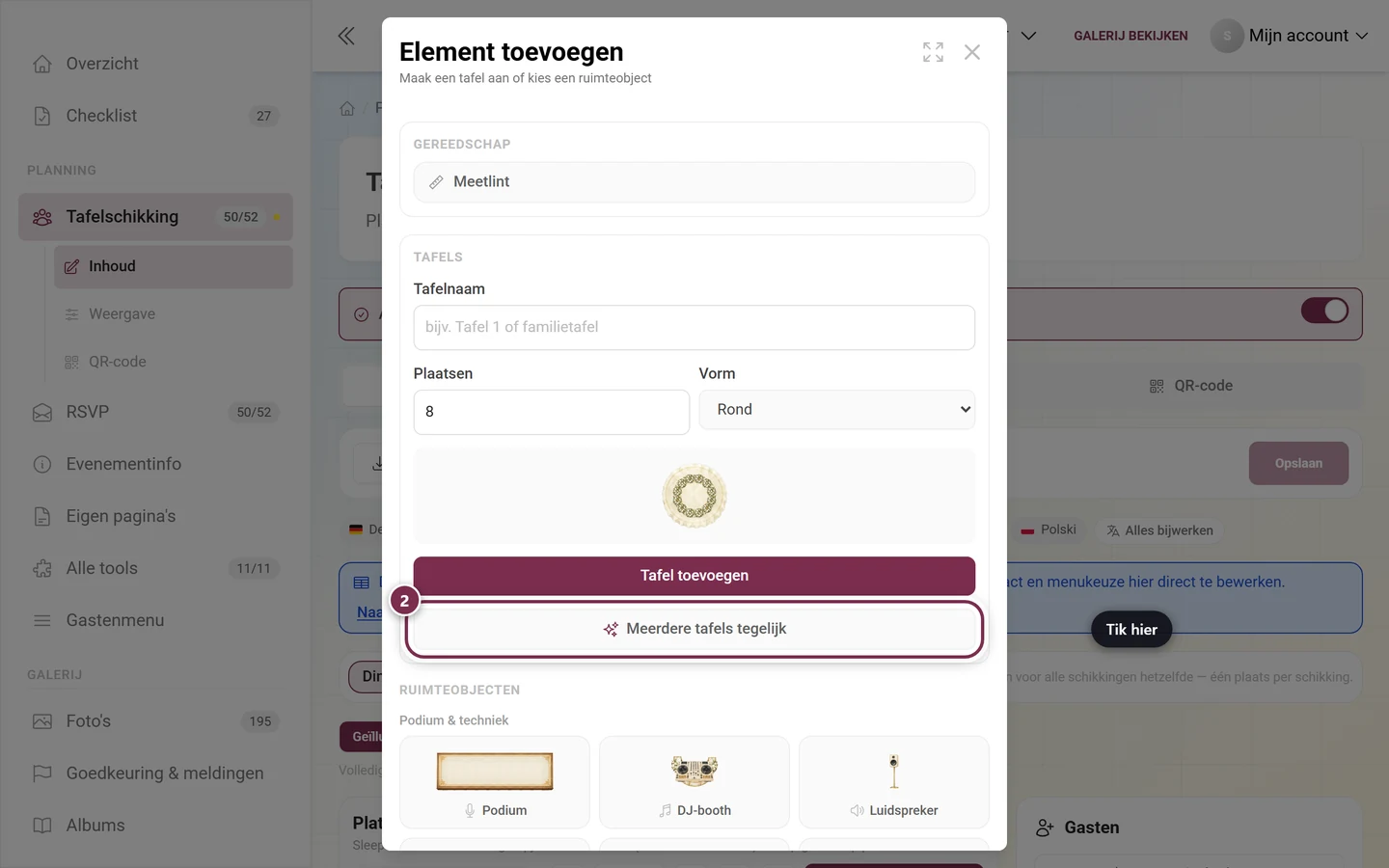 Dialoogvenster Element toevoegen met in rood gemarkeerd onderdeel Meerdere tafels tegelijk