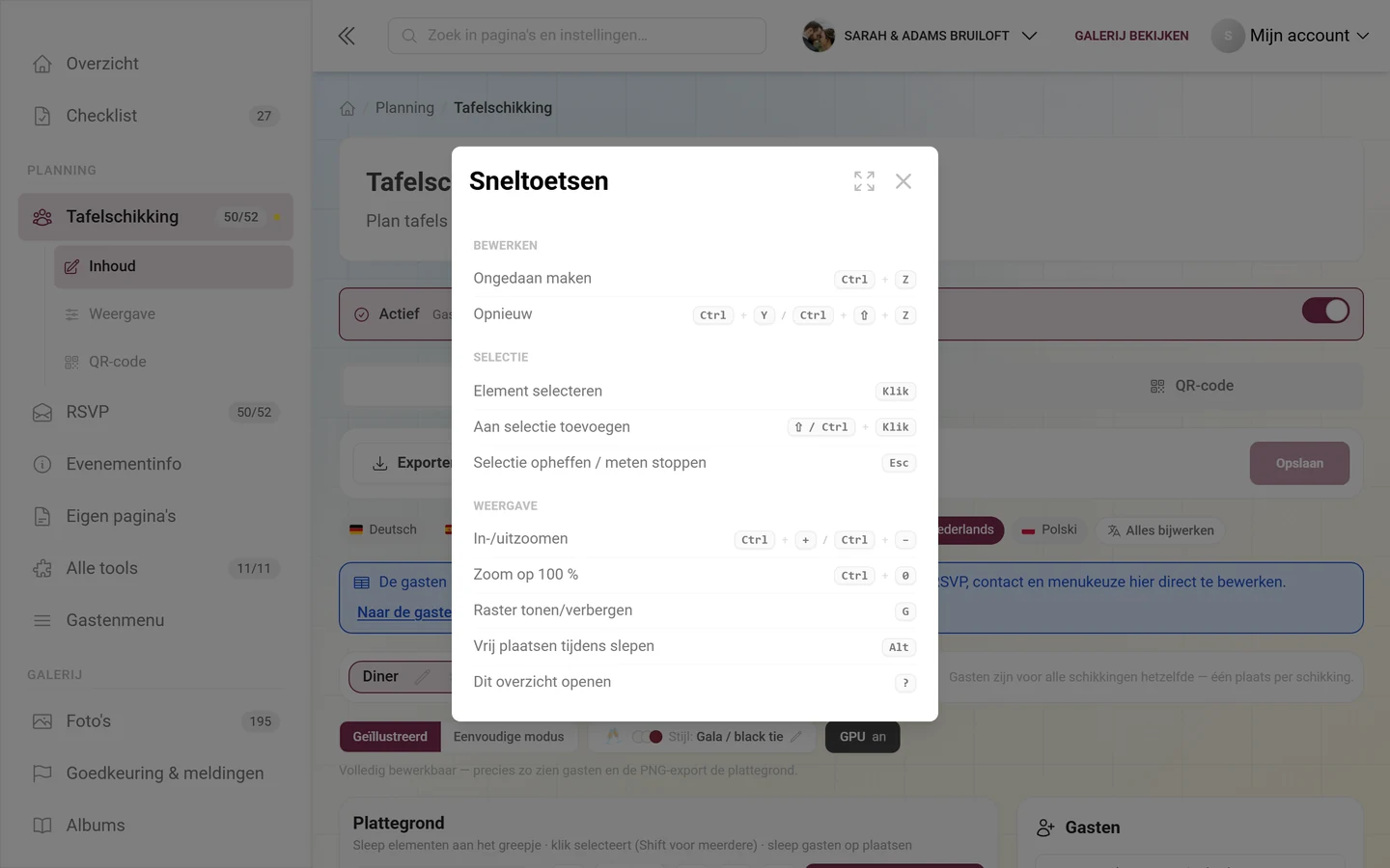 Dialoogvenster Sneltoetsen met de groepen Bewerken, Selectie en Weergave