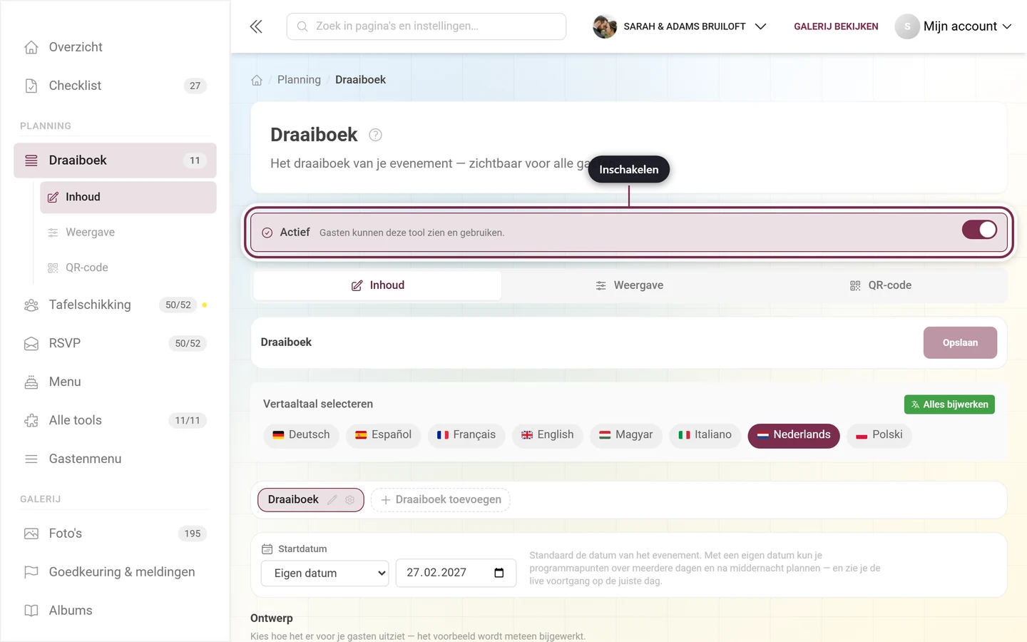 Tool-editor met gemarkeerde actieve balk boven de tabbladen