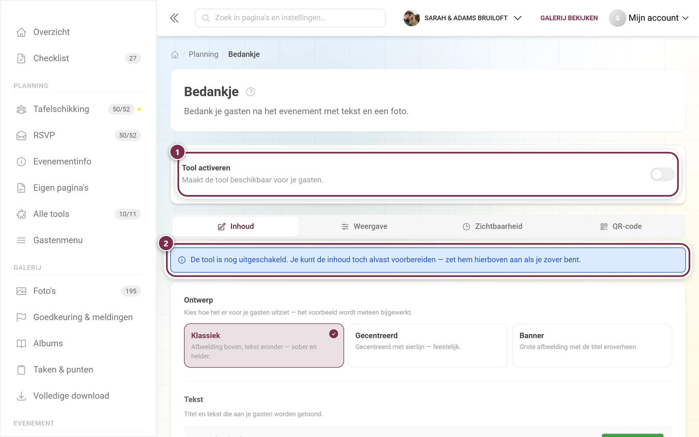 Bedankje met uitgeschakelde tool en blauwe melding over de conceptmodus