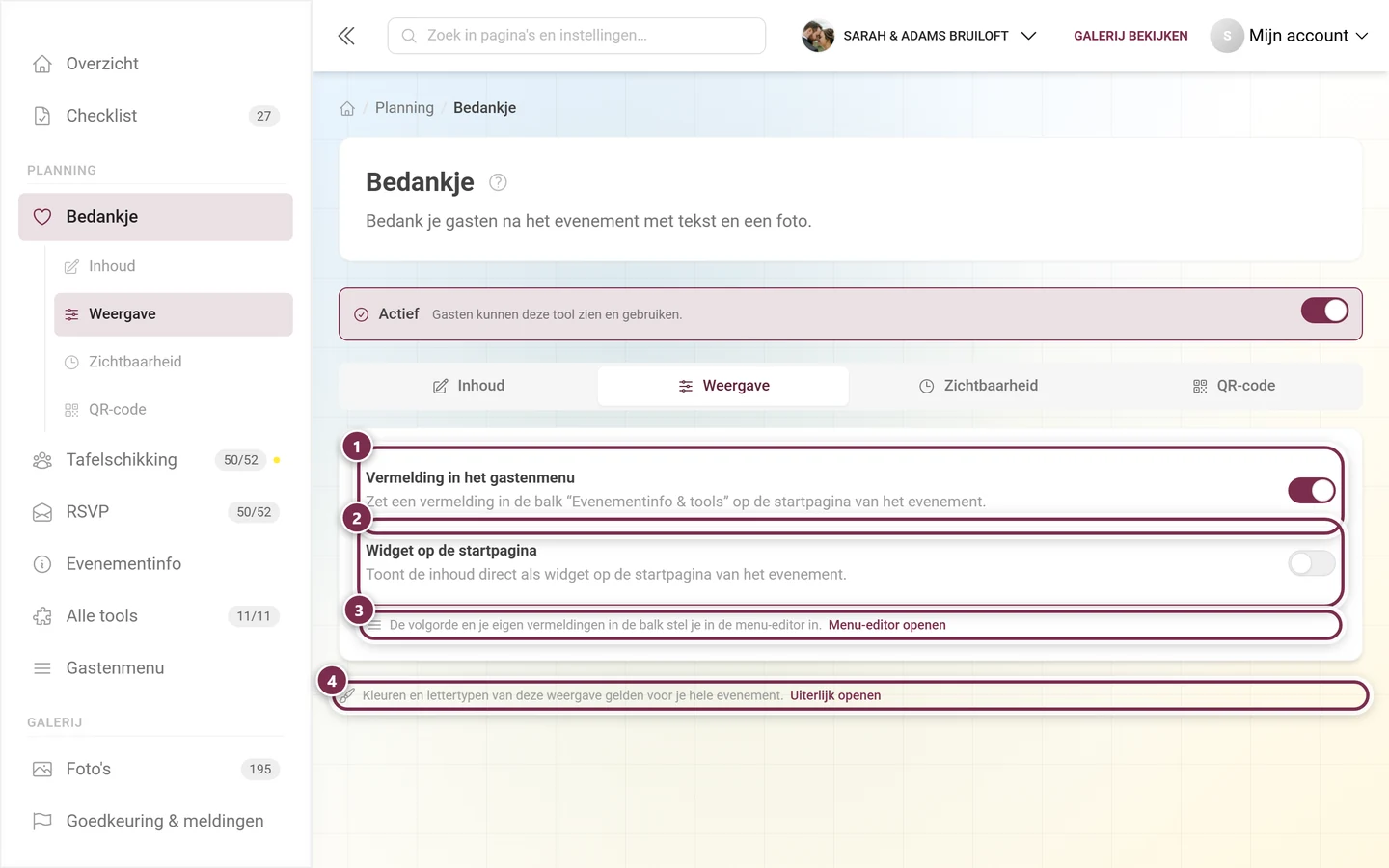 Tabblad Weergave met de schakelaars voor gastenmenu en widget op de startpagina plus twee kruislinks