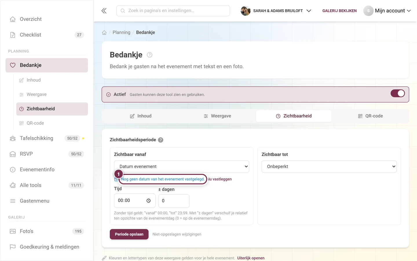Melding Nog geen eventdatum vastgelegd met de link Nu vastleggen