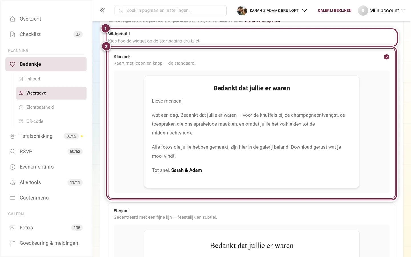 Keuze van de widgetstijl met geselecteerde kaart Klassiek
