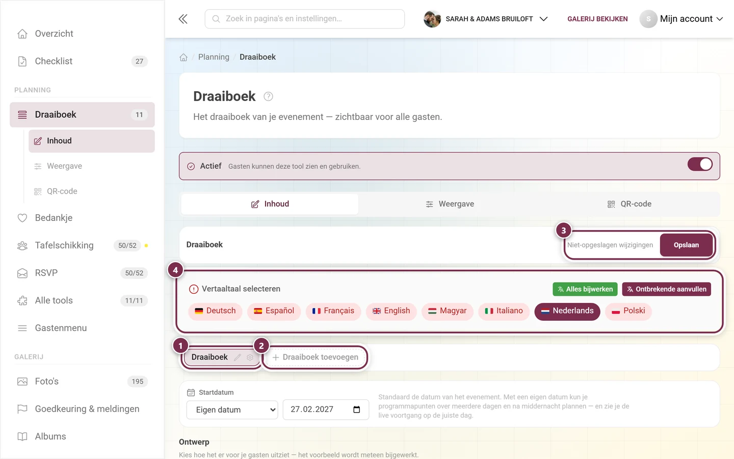 Draaiboektool met gemarkeerde tabbladbalk, Draaiboek toevoegen, taalbalk en Opslaan