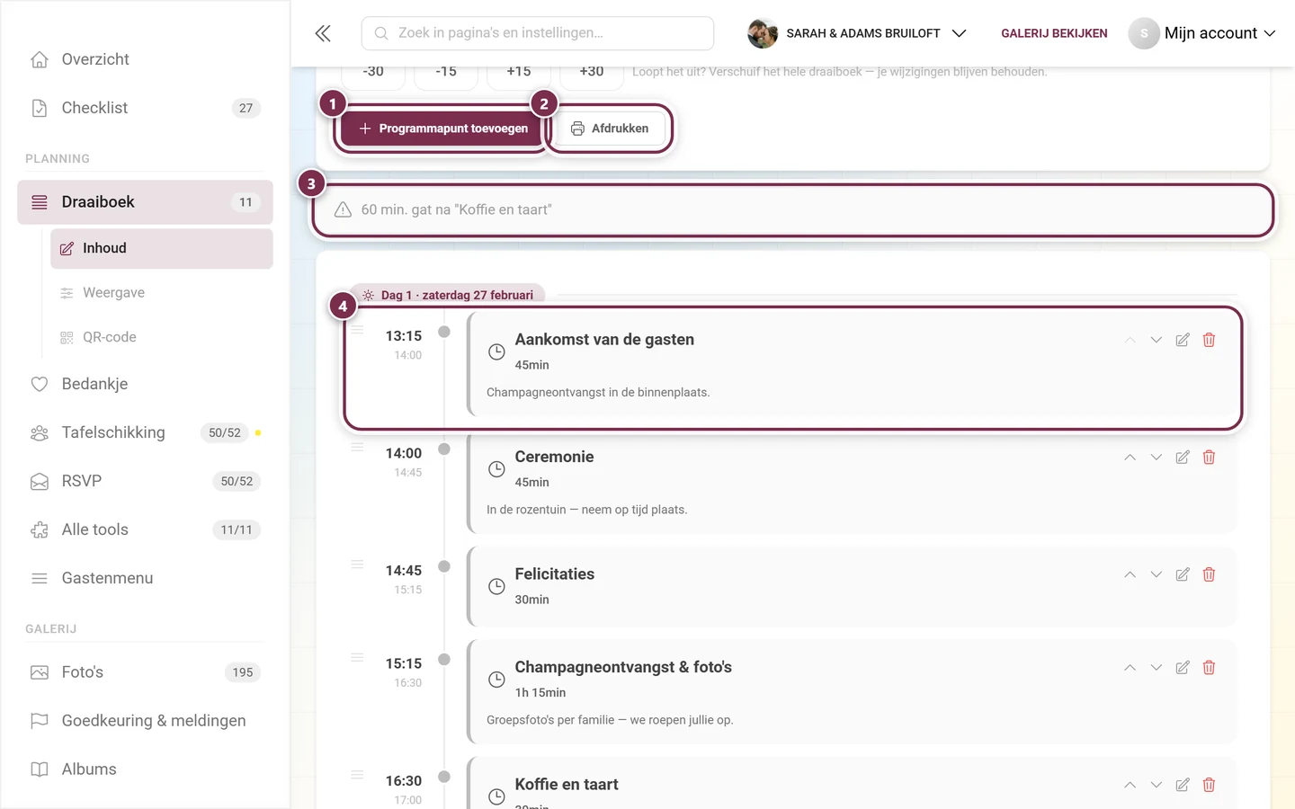 Draaiboekeditor met gemarkeerd Programmapunt toevoegen, Afdrukken, de gat-waarschuwing en het eerste programmapunt