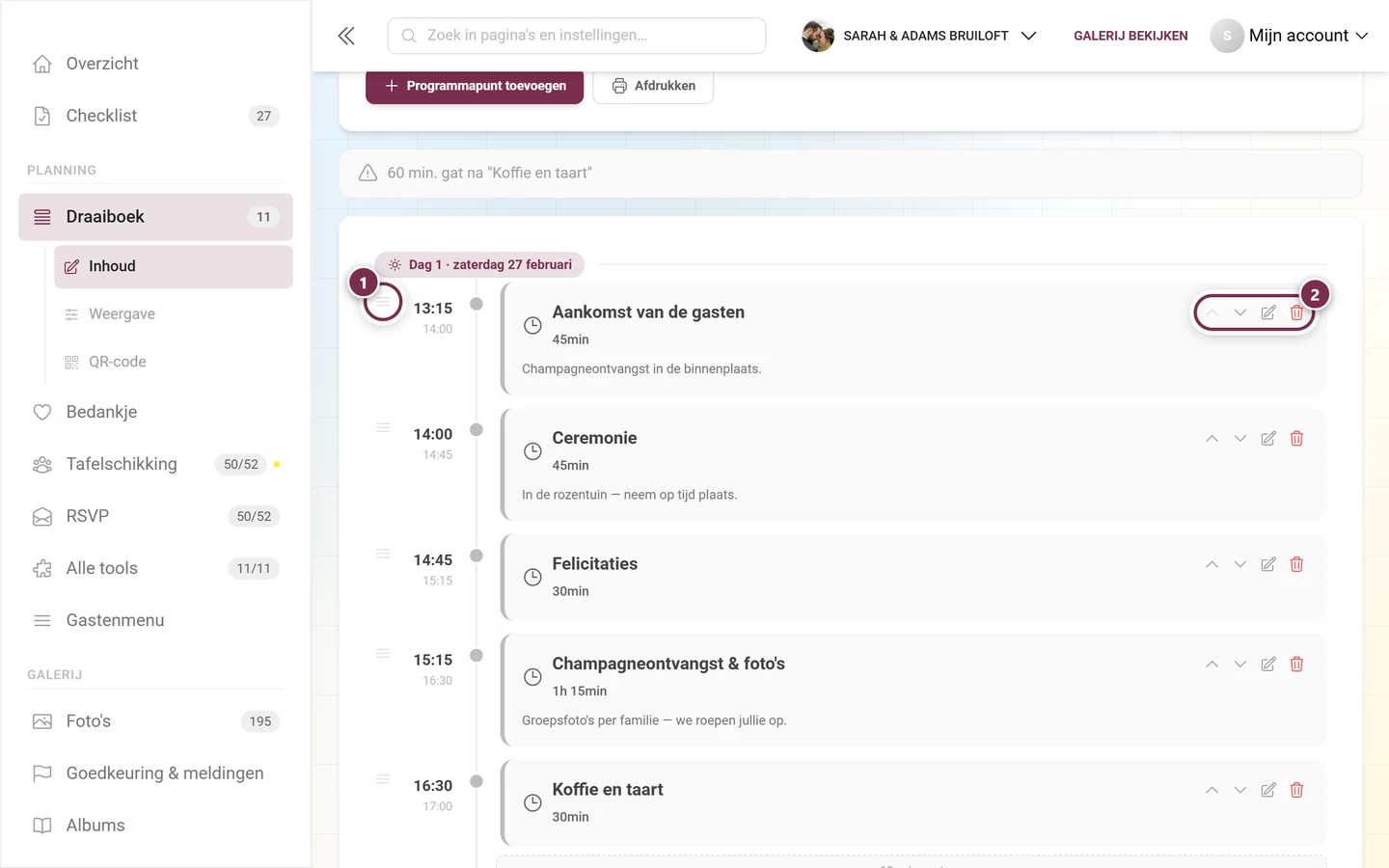 Programmapuntrij met gemarkeerde sleepgreep links en de vier knoppen rechts