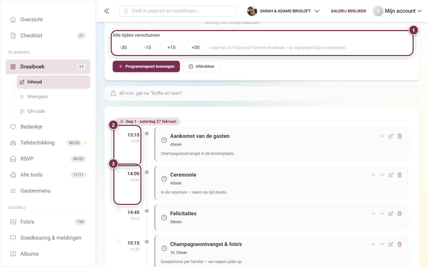 Blok Alle tijden verschuiven met de vier knoppen en de eerste twee gemarkeerde programmapunten