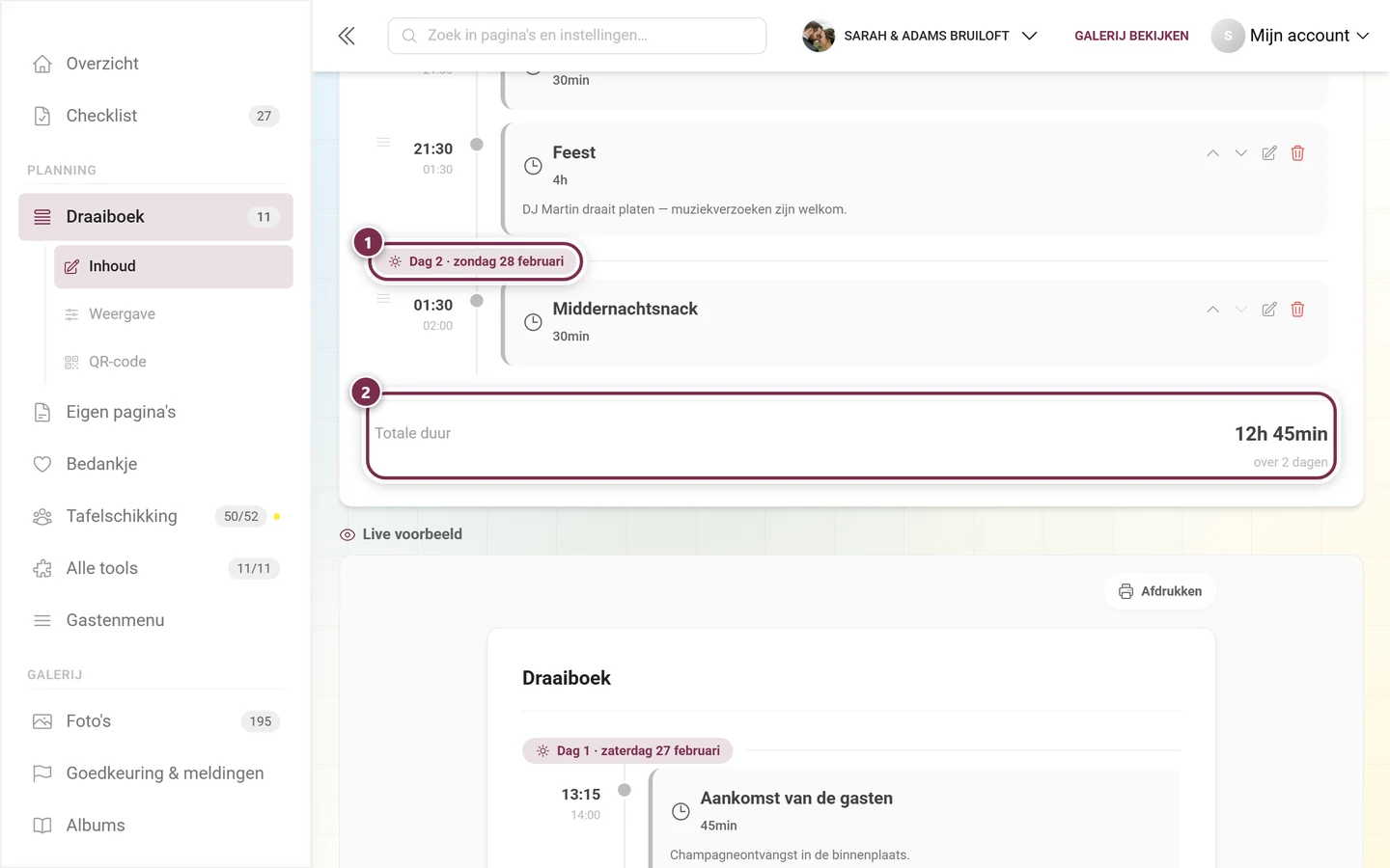 Einde van de programmapuntenlijst met gemarkeerde dagscheiding en de voettekst Totale duur