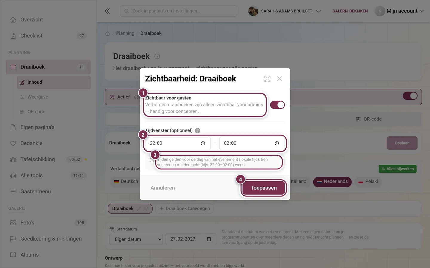 Dialoogvenster Zichtbaarheid: Programma met gemarkeerde schakelaar, de twee tijdvelden, de melding en de knop Toepassen