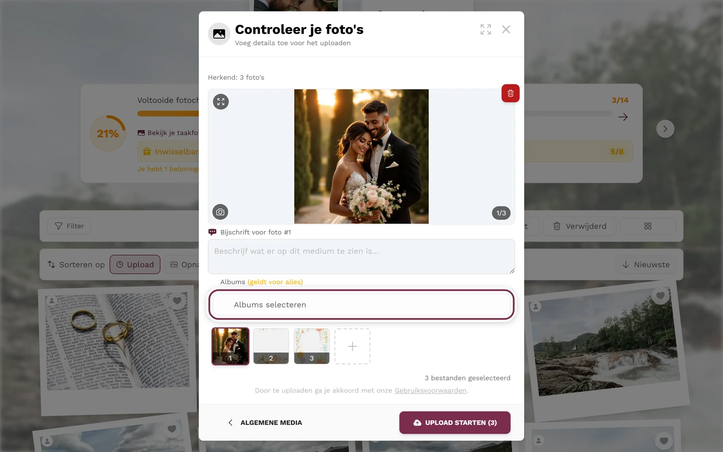 Controlescherm van de upload met de gemarkeerde knop Albums selecteren