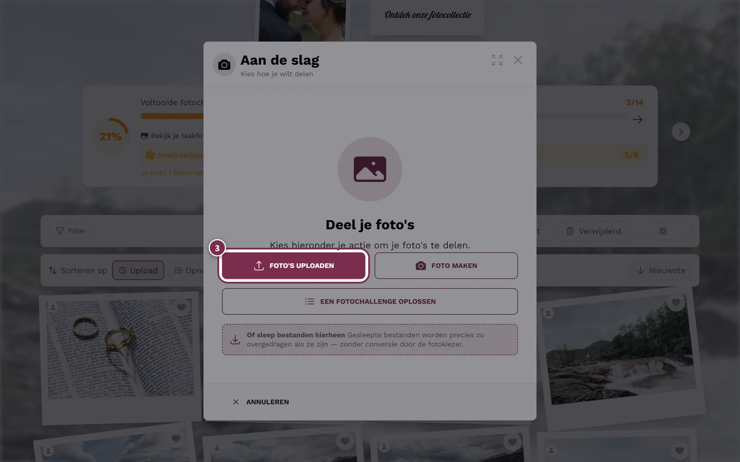 Upload-venster met de knop Foto kiezen