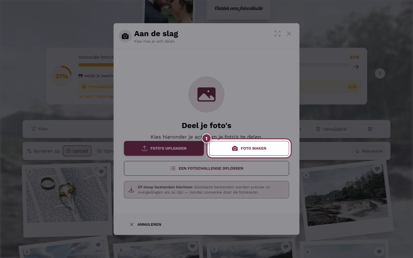 Uploadvenster met gemarkeerde knop Foto maken
