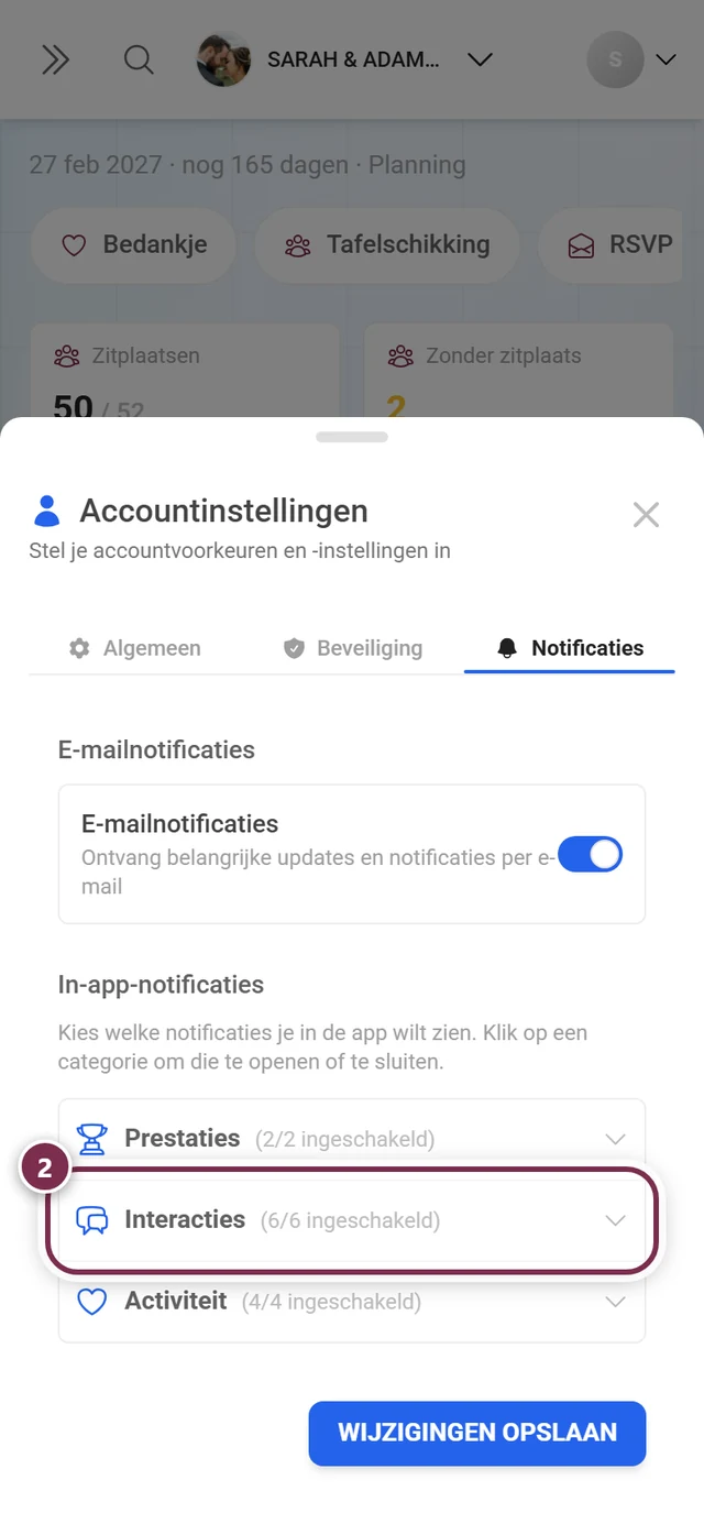 Tabblad Notificaties met de drie ingeklapte categorieën, de kopregel Interacties is rood gemarkeerd