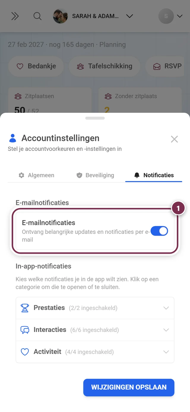 Tabblad Notificaties met rood gemarkeerd blok E-mailnotificaties en de schakelaar rechts