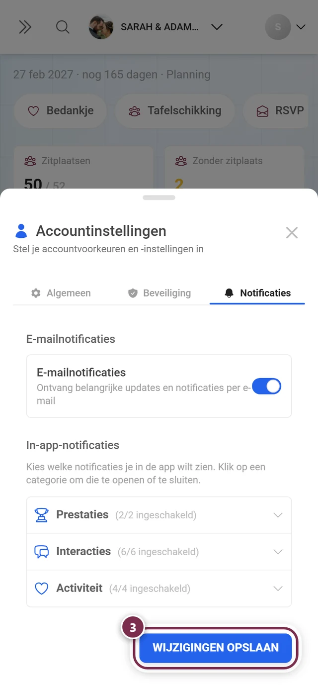 Onderkant van het tabblad Notificaties met de rood gemarkeerde knop Wijzigingen opslaan