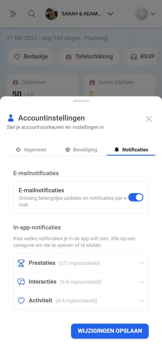 Dialoog Accountinstellingen met het actieve tabblad Notificaties