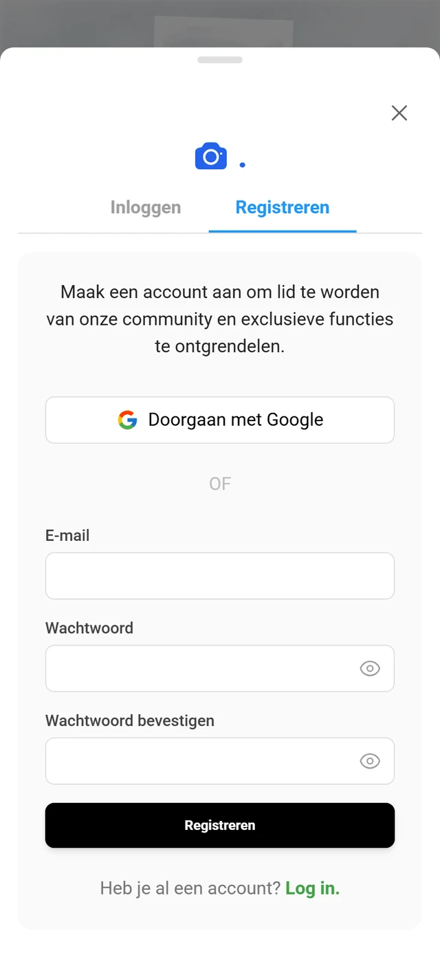 Registreerscherm met velden voor e-mail, wachtwoord en wachtwoord bevestigen