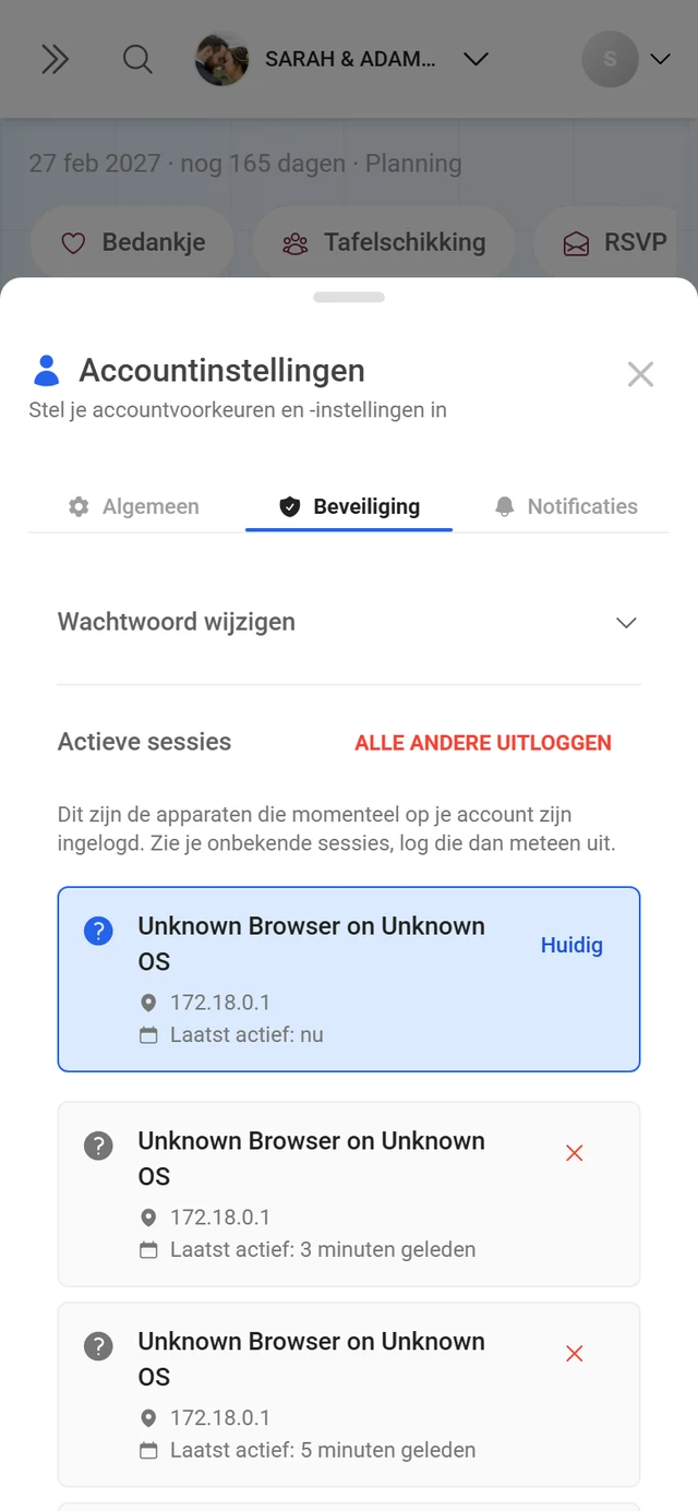 Tabblad Beveiliging van de accountinstellingen met de lijst van actieve sessies
