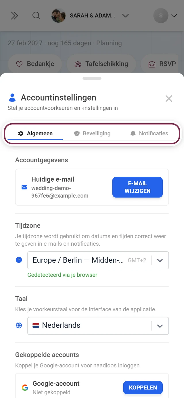 Dialoogvenster Accountinstellingen met rood gemarkeerde tabbladbalk