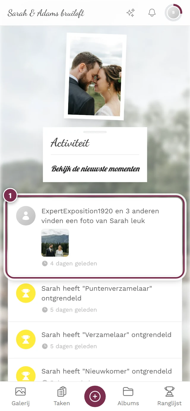 Activiteitenfeed met de bovenste, nieuwste regel gemarkeerd
