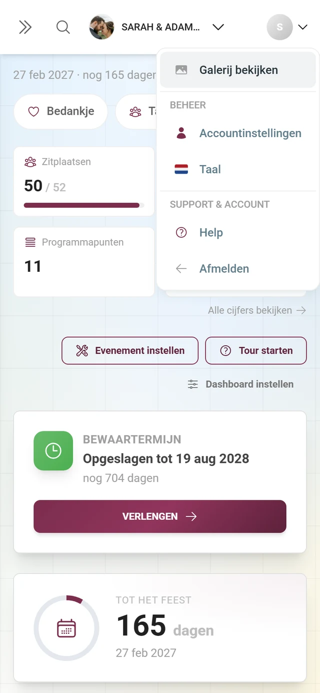 Geopend accountmenu in het beheergedeelte met het onderdeel Beheer