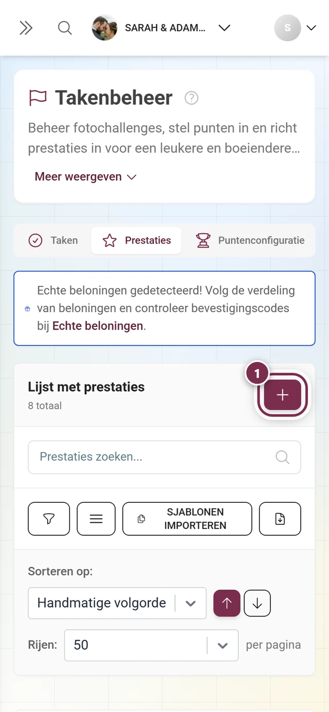 Prestatiebeheer met de knop Prestatie aanmaken rood gemarkeerd boven de lijst