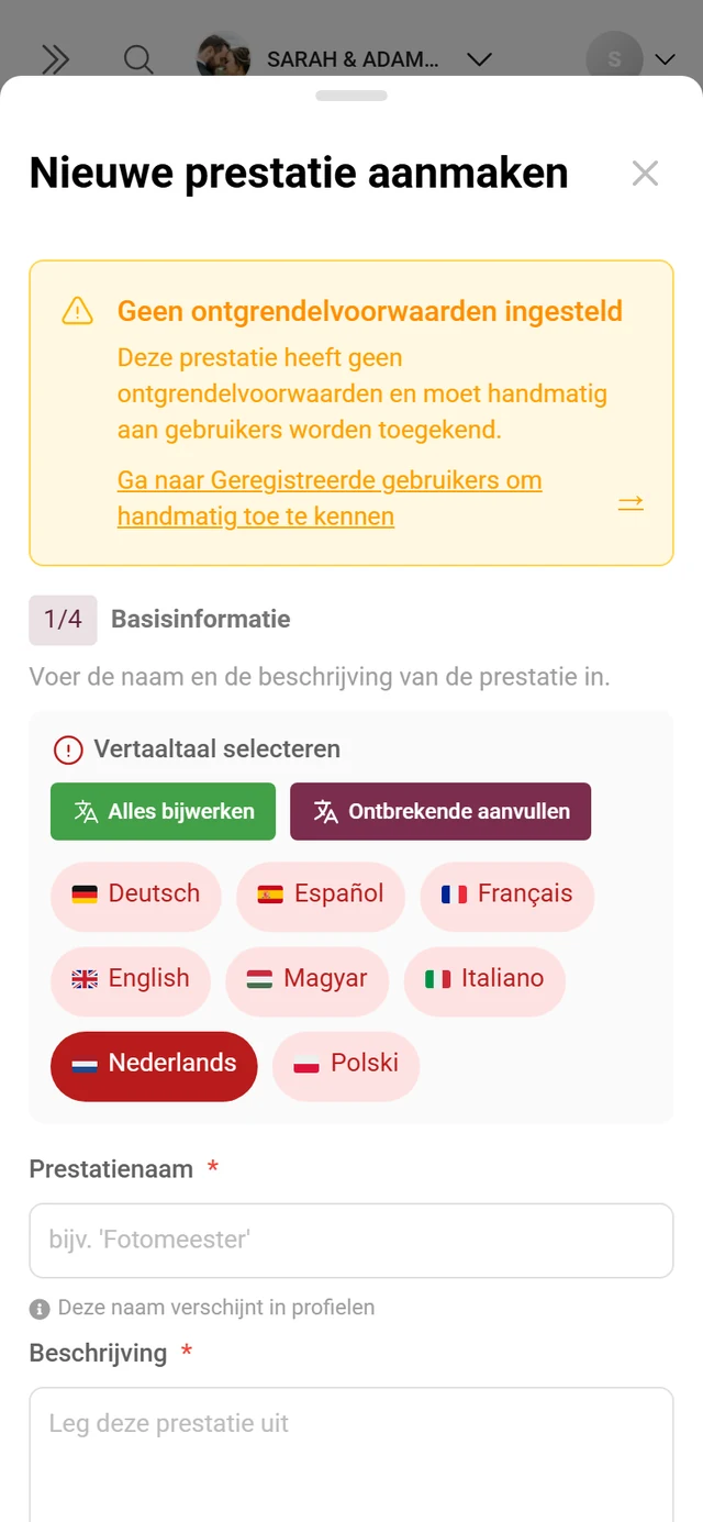 Venster voor het aanmaken van een prestatie met naam, voorwaarde en beloning