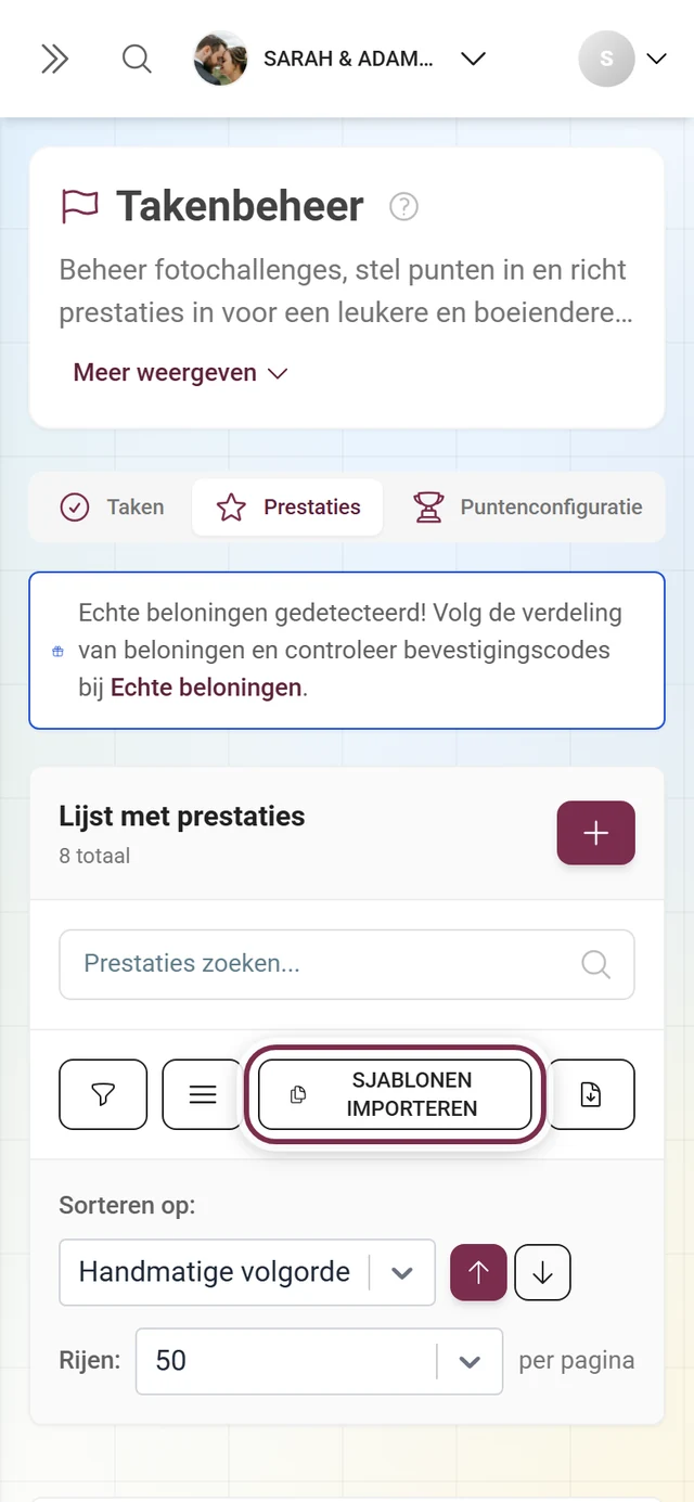 Werkbalk van het prestatiebeheer met de knop Sjablonen importeren rood gemarkeerd