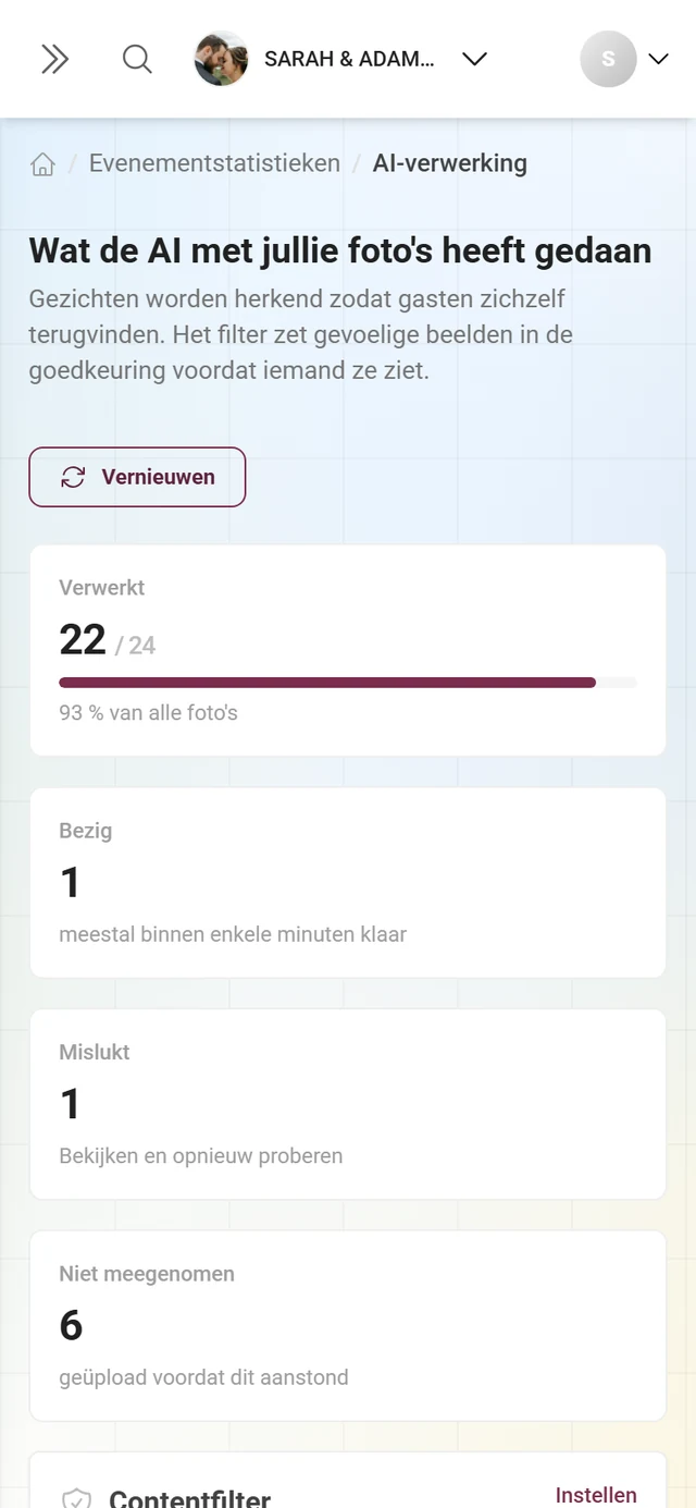 Pagina „Wat de AI met jullie foto's heeft gedaan” met vier statistiektegels en telkens één kaart voor het contentfilter en de gezichten