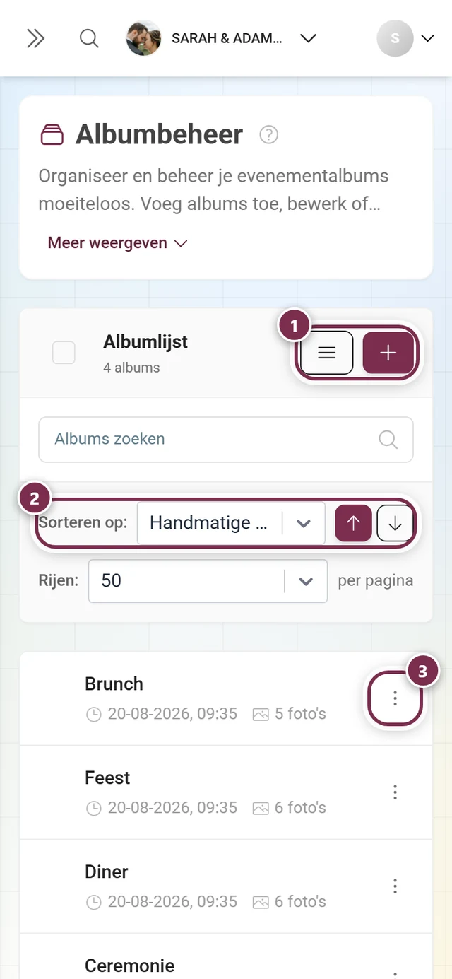 Albumbeheer met lijst van albums en knop om aan te maken