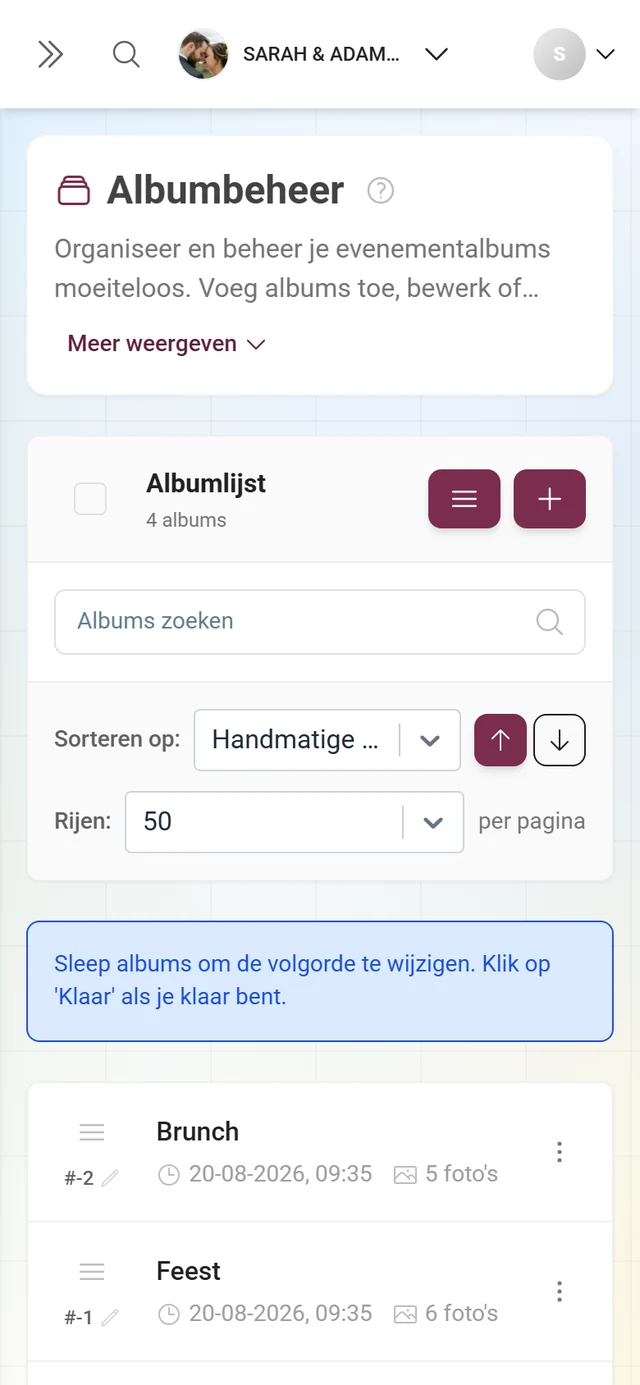 Albumbeheer in sorteermodus met aanwijzing voor slepen en neerzetten en de knop Klaar