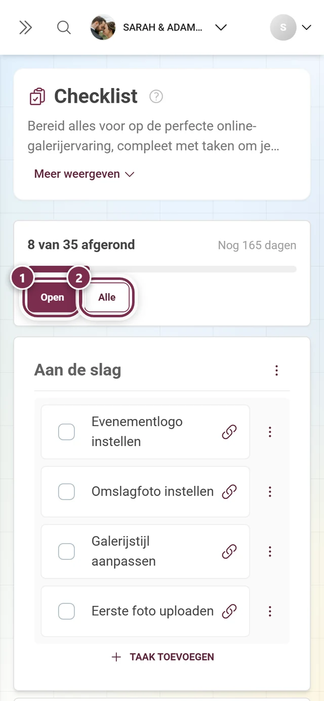 Kop van de volledige checklistweergave met de gemarkeerde filterknoppen Open en Alle