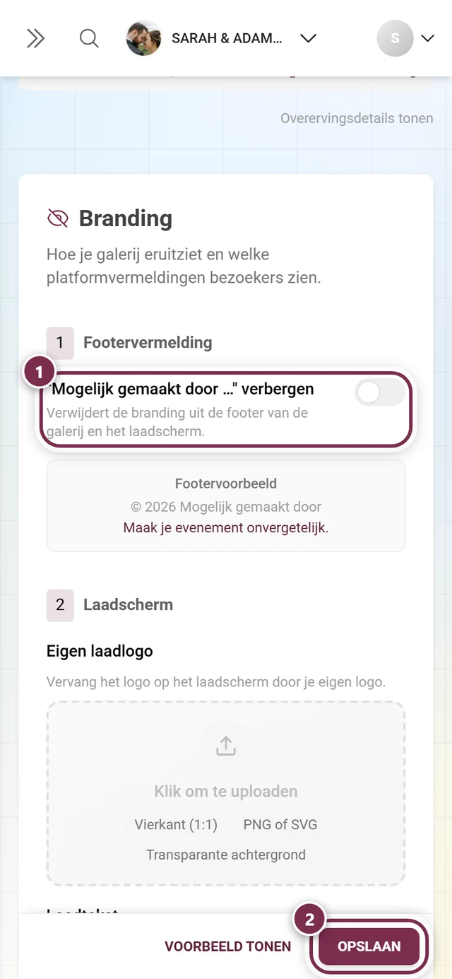 Sectie Footervermelding met gemarkeerde schakelaar en gemarkeerde opslaanbalk