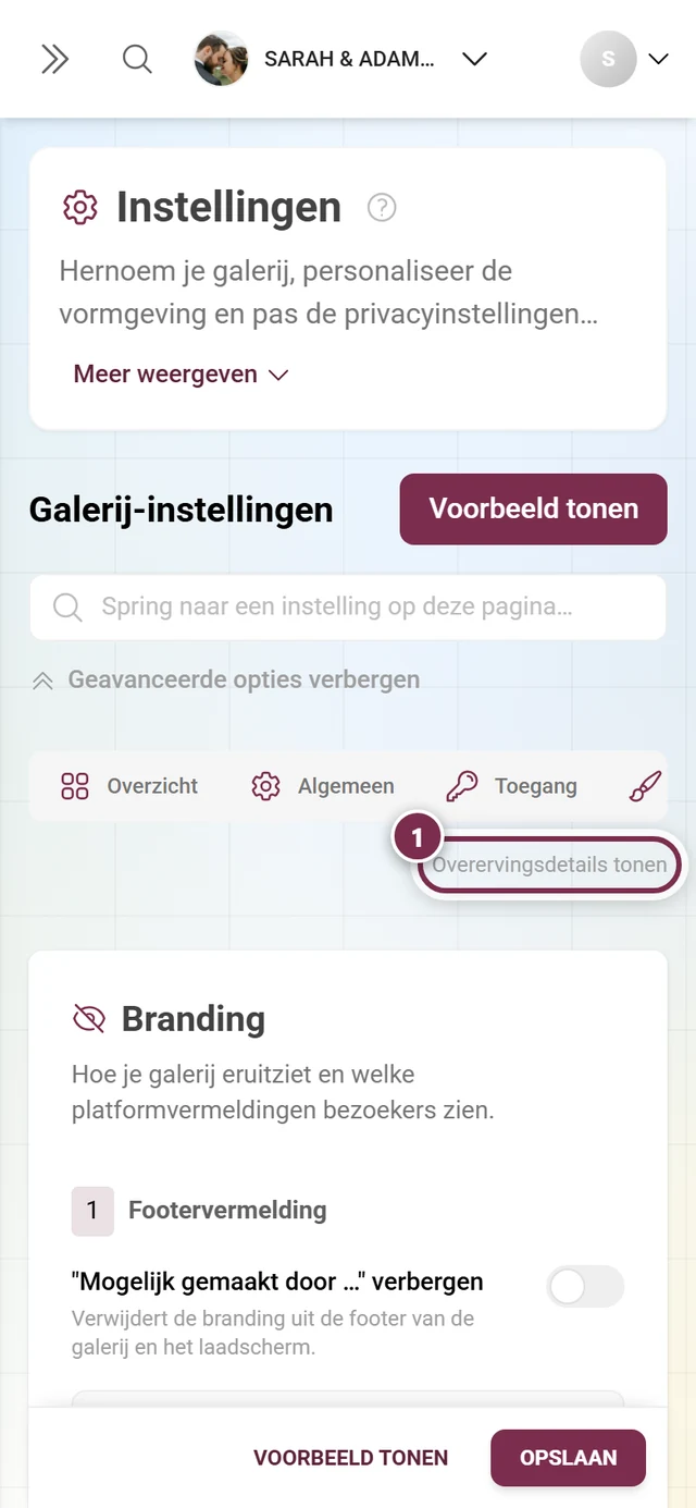 White-Label-tabblad met gemarkeerde schakelaar voor overervingsdetails
