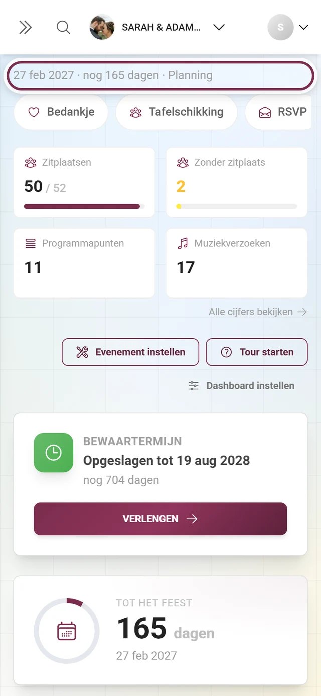 Kopgedeelte van het dashboard met eventnaam en de regel met datum, resterende looptijd en fase