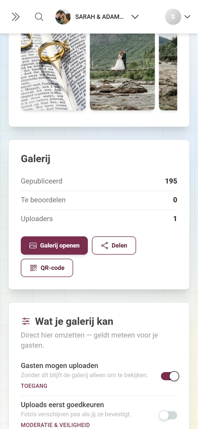 De kaart „Galerij” met cijfers en de knoppen Galerij openen, Delen, QR-code