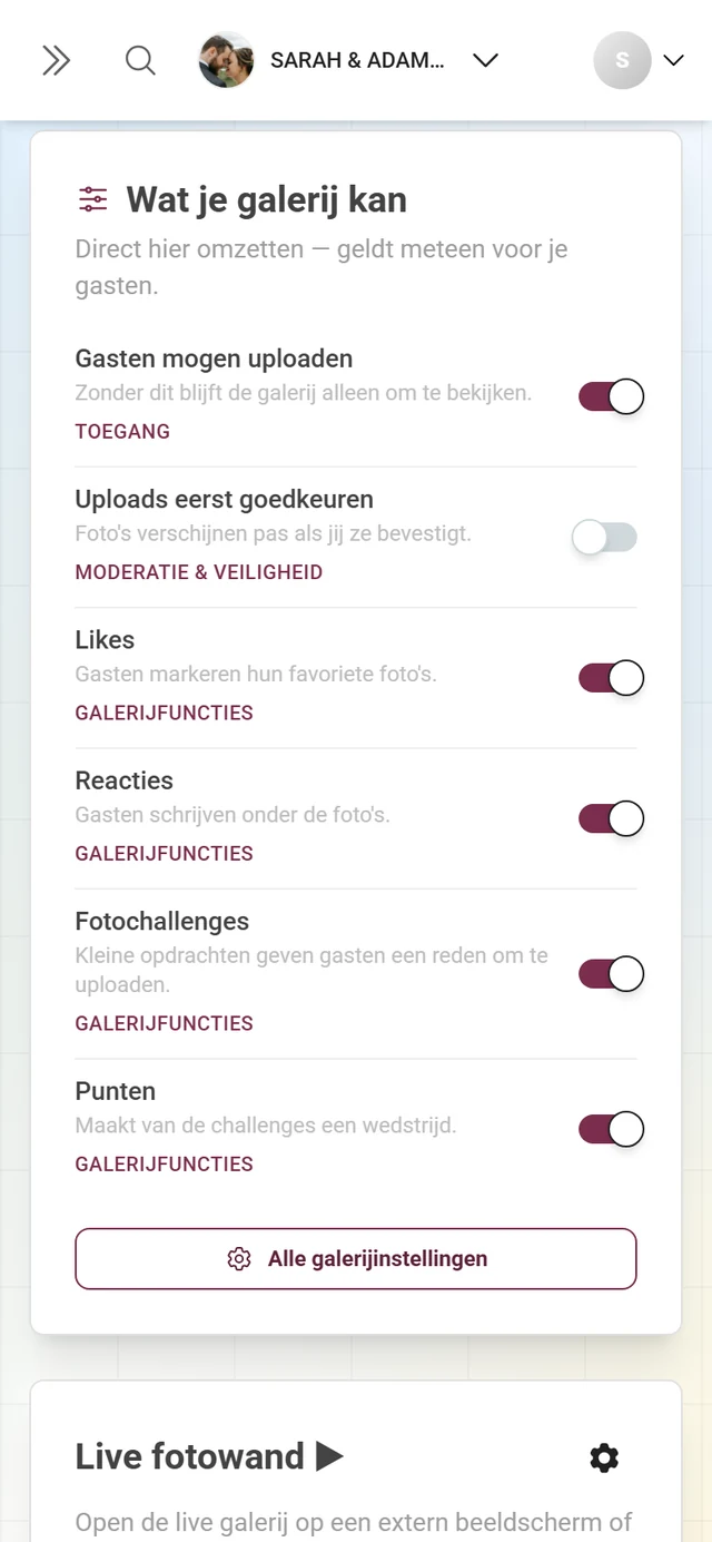 De kaart „Wat je galerij kan” met zes schakelaars